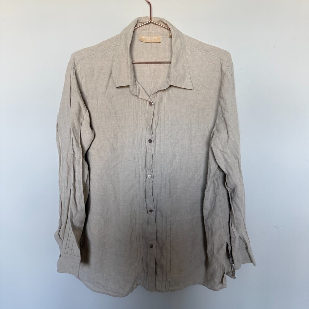 Kate Hill 100% Linen Blouse XL Beige Button Roll Tab Sleeves Old Money Coastal - Picture 2 of 7